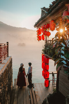 Chinese boats and a cloudy sunset at Ban Rak Thai village Thailand