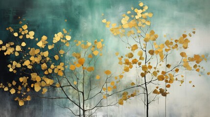 Golden trees on green and black sky background. Modern canvas art