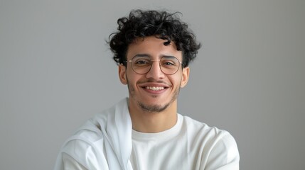 Realistic hyper-detailed portrait of a cheerful young Middle Eastern man teacher smiling, embodying his enthusiasm and commitment to educating and inspiring his students. Background images that