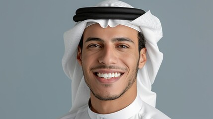 Realistic hyper-detailed portrait of a cheerful young Middle Eastern man teacher smiling, embodying his enthusiasm and commitment to educating and inspiring his students. Background images that