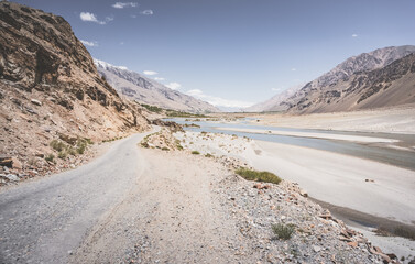 The Panj River flows between Afghanistan and Tajikistan along the Pamir Highway road in the Tien Shan mountains