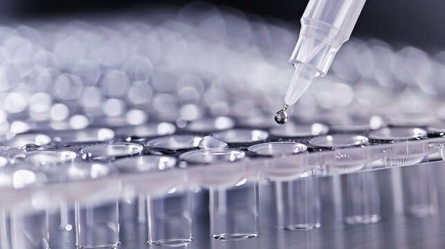 Macro close-up of dosator tip and plastic plate for immunosorbent assay, detailed laboratory equipment for scientific research and diagnostics