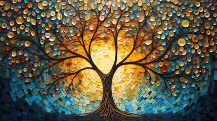 Colorful mosaic tree of life artwork . Small golden and turquoise mosaic tiles pattern forming a Tree of Life background