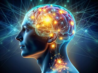 A 3D illustration of a human head with a glowing brain, neurons, and synapses, symbolizing intelligence, creativity, and mental health, set against a dark background.