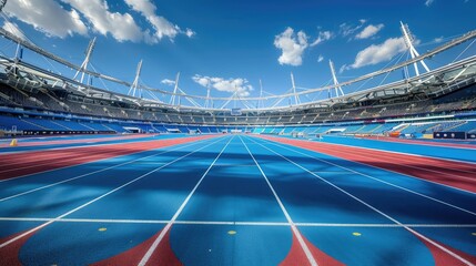 Blue and red track in Olympic stadium with spectator seating