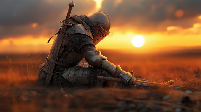 Knight in full armor kneeling in a field at sunset with a sword, creating a dramatic and serene atmosphere.