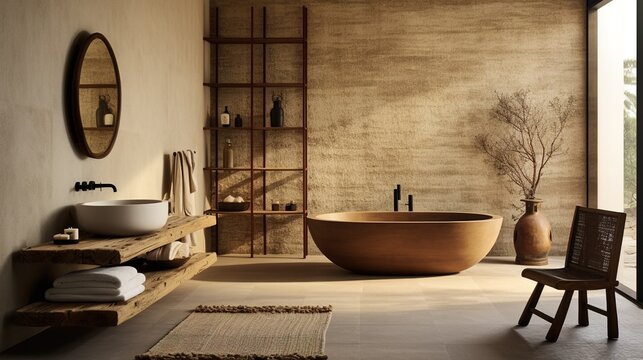 Aesthetic wabi sabi bathroom interior design in brown and white shades with solid oak and rattan furniture