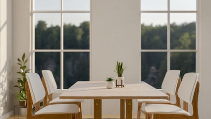 The interior design of a contemporary minimalist dining room features a minimal wooden dining table.