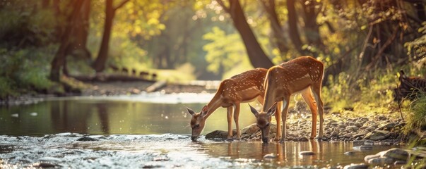 Two deer drinking at serene river stream in forest