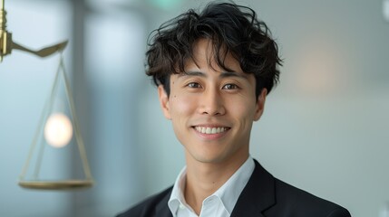 Realistic hyper-detailed portrait of a cheerful young Asian man lawyer smiling, capturing his professionalism and determination in providing expert legal counsel and representation. Background images