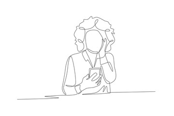 Business woman surprised to see cellphone notification. African woman in business concept one-line drawing