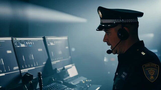 Security guard or police officer in uniform and headset, speaking into a microphone. Dimly lit control room with multiple monitors and communication devices