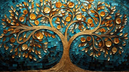 Colorful mosaic tree of life artwork . Small golden and turquoise mosaic tiles pattern forming a Tree of Life background