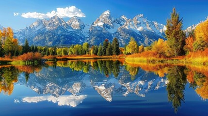 Obraz premium Grand Tetons reflecting perfectly in a still lake, capturing the majestic scenery