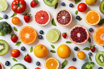 Assorted fresh fruits and vegetables top view on white backgroun