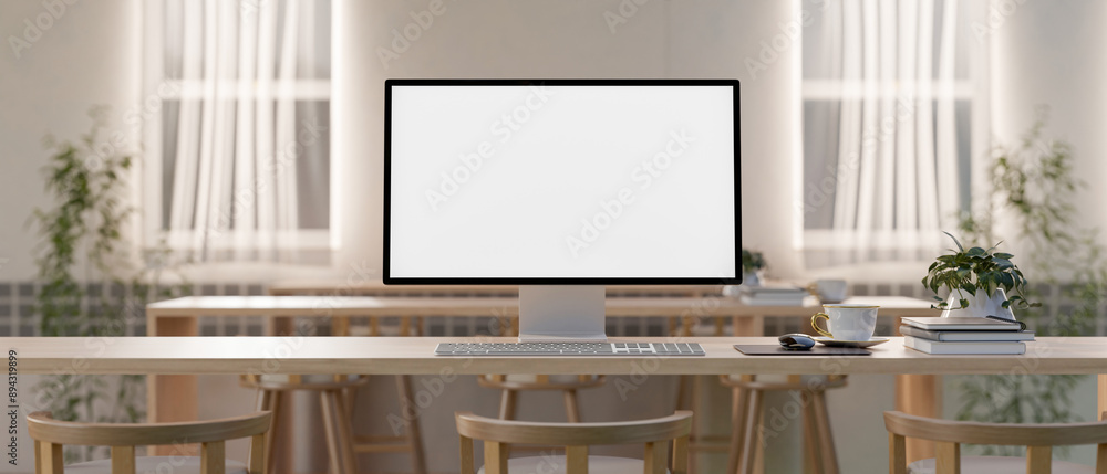 Aufkleber a computer with a white-screen mockup on a wood table in a minimalist scandinavian co working space.