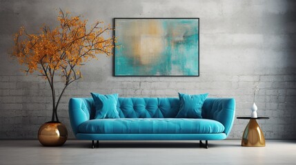 Interior of living room with blue sofa 3d rendering