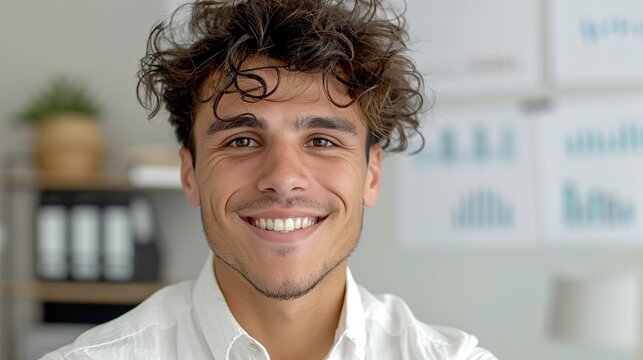 Realistic hyper-detailed portrait of a cheerful young South American man accountant smiling, showcasing his reliability and skill in financial management and budgeting. Background images that