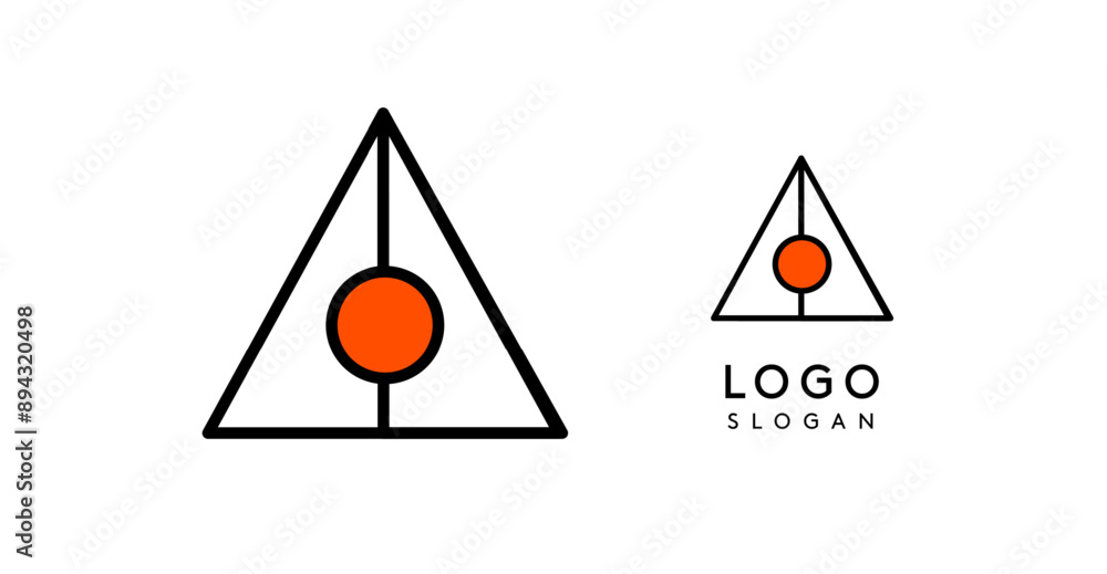 Poster abstract triangle logo with central orange circle. modern, minimalistic design with black lines and 