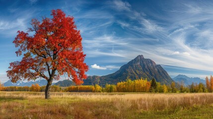 Panoramic autumn landscape with a tree in full fall colors and a mountain in the background