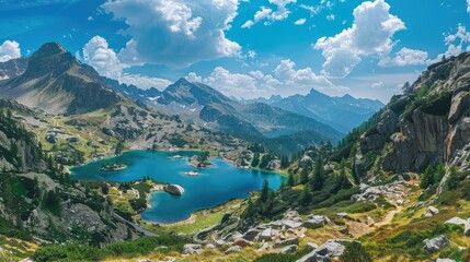 Obraz premium Panoramic mountain landscape with a hiking trail and stunning view of clear blue lakes