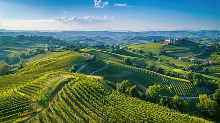 Panoramic rural landscape with hay bales in a field at summer sunset