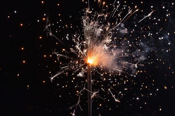 Fototapeta premium Bright sparkler burning with sparks on dark background