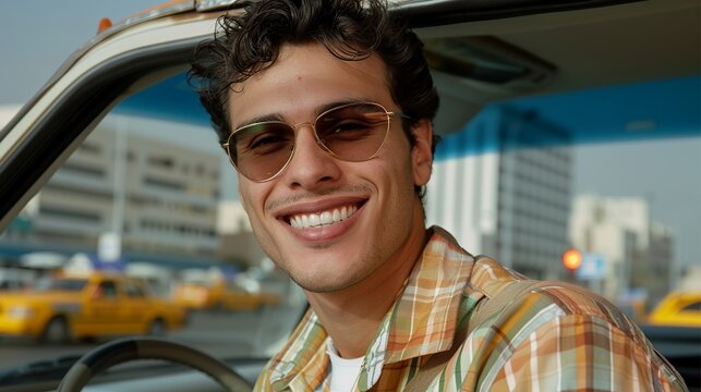 Realistic hyper-detailed portrait of a cheerful young Middle Eastern man taxi driver smiling, highlighting his reliability and friendly service in transporting passengers safely. Background images