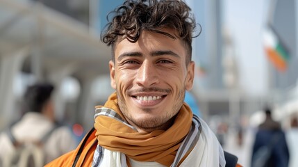 Fototapeta premium Realistic hyper-detailed portrait of a cheerful young Middle Eastern man tour guide smiling, embodying his knowledge and passion for sharing cultural insights and historical landmarks. Background