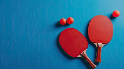 Red table tennis equipment arranged on a blue backdrop