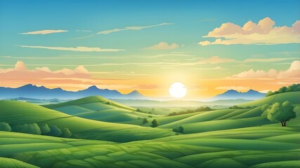 Obraz premium Illustration of verdant hills, farmland, and a sunrise scene with a clear blue sky in the background. AI-produced