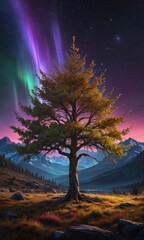 Obraz premium Lone Tree Under the Aurora Borealis.