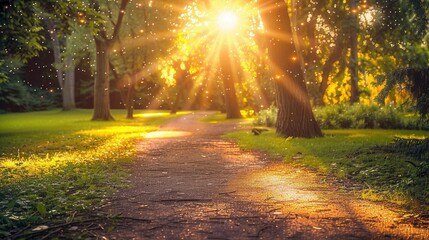 Obraz premium Scenic park path with sunbeams casting a warm glow before sunset