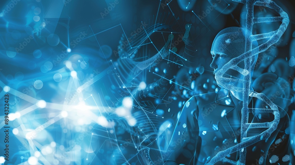 Poster abstract biomedical research background with dna helix, molecular models, and data visualization for