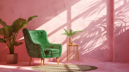 Green armchair, rug, and side table in a pink room
