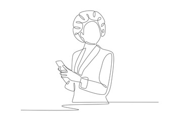 Business woman holding smartphone. African woman in business concept one-line drawing