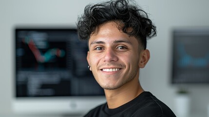 Realistic hyper-detailed portrait of a cheerful young South American man IT specialist smiling, showcasing his technical proficiency and customer-focused IT support. Background images that indicate