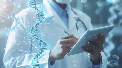 Medical doctor writing electronic medical record on tablet with dna hologram on modern virtual screen interface, highlighting digital healthcare, network connection, medical insurance technology, and 