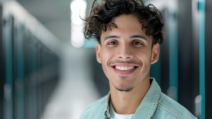 Realistic hyper-detailed portrait of a cheerful young South American man IT specialist smiling, showcasing his technical proficiency and customer-focused IT support. Background images that indicate