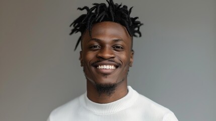 Obraz premium Realistic hyper-detailed portrait of a cheerful young African man sales representative smiling, his face reflecting charisma and success in building client relationships. Background images that