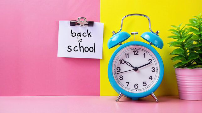 an alarm clock next to a memo with the text "back to school" written on it