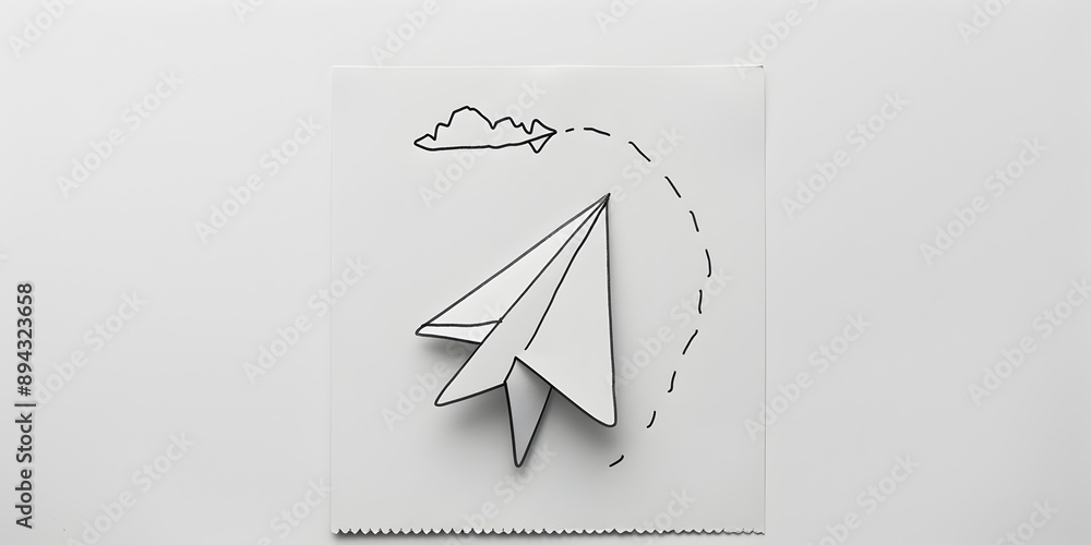 Poster one line drawing style, using simple lines, a paper plane shaped as an arrow pointing upwards, symbo