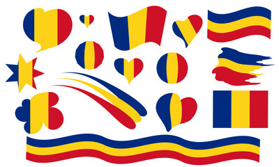 Romanian tricolor in different figures and symbols, flag, heart, ribbon. Flat vector drawing