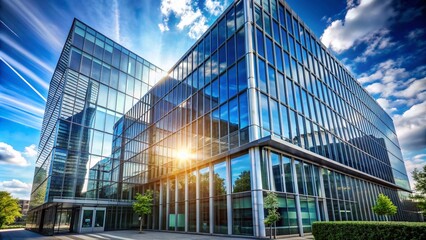 Fototapeta premium Modern office building with sleek glass facade and geometric lines, reflecting blue sky and cityscape, exemplifying contemporary architecture's harmony with nature.