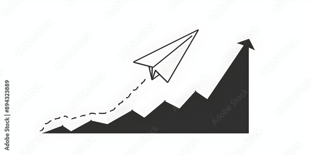 Poster one line drawing style, using simple lines, a paper plane shaped as an arrow pointing upwards, symbo