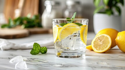 Fototapeta premium Refreshing lemon water with ice and mint.