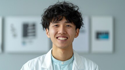 Realistic hyper-detailed portrait of a cheerful young Asian man smiling, capturing his enthusiasm and pride in accomplishing his career aspirations. Background images that indicate career ,