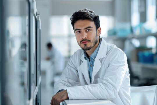 Serious male scientist in lab coat pondering in lab