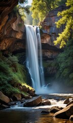 Waterfall in a lush forest.