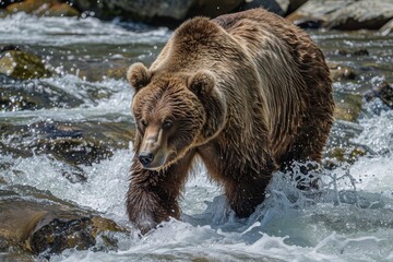 A majestic brown bear fishing for salmon in a fast-flowing river. 